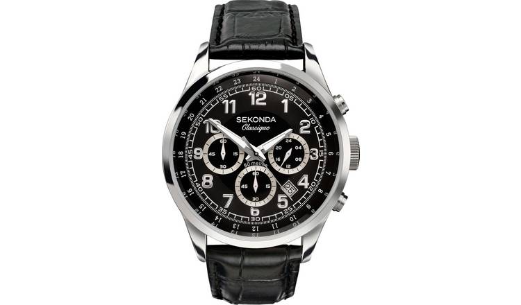Sekonda men's black leather strap watch 43.5mm (British brand)
