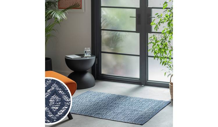 Argos Home Geometric Blue Cotton Flatweave Rug - 80x110cm