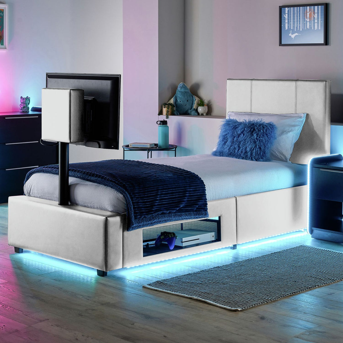 XR Living Ava white TV LED bed frame single (British brand)