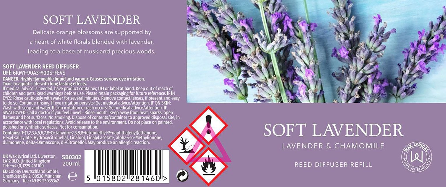 Wax Lyrical Soft Lavender reed diffuser refill 200ml (British brand)