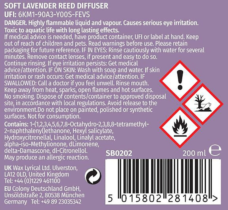 Wax Lyrical Soft Lavender reed diffuser 200ml (British brand)