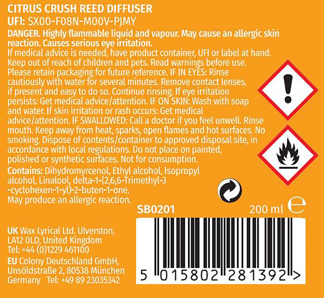Wax Lyrical reed diffuser Citrus Crush 200ml (British brand)