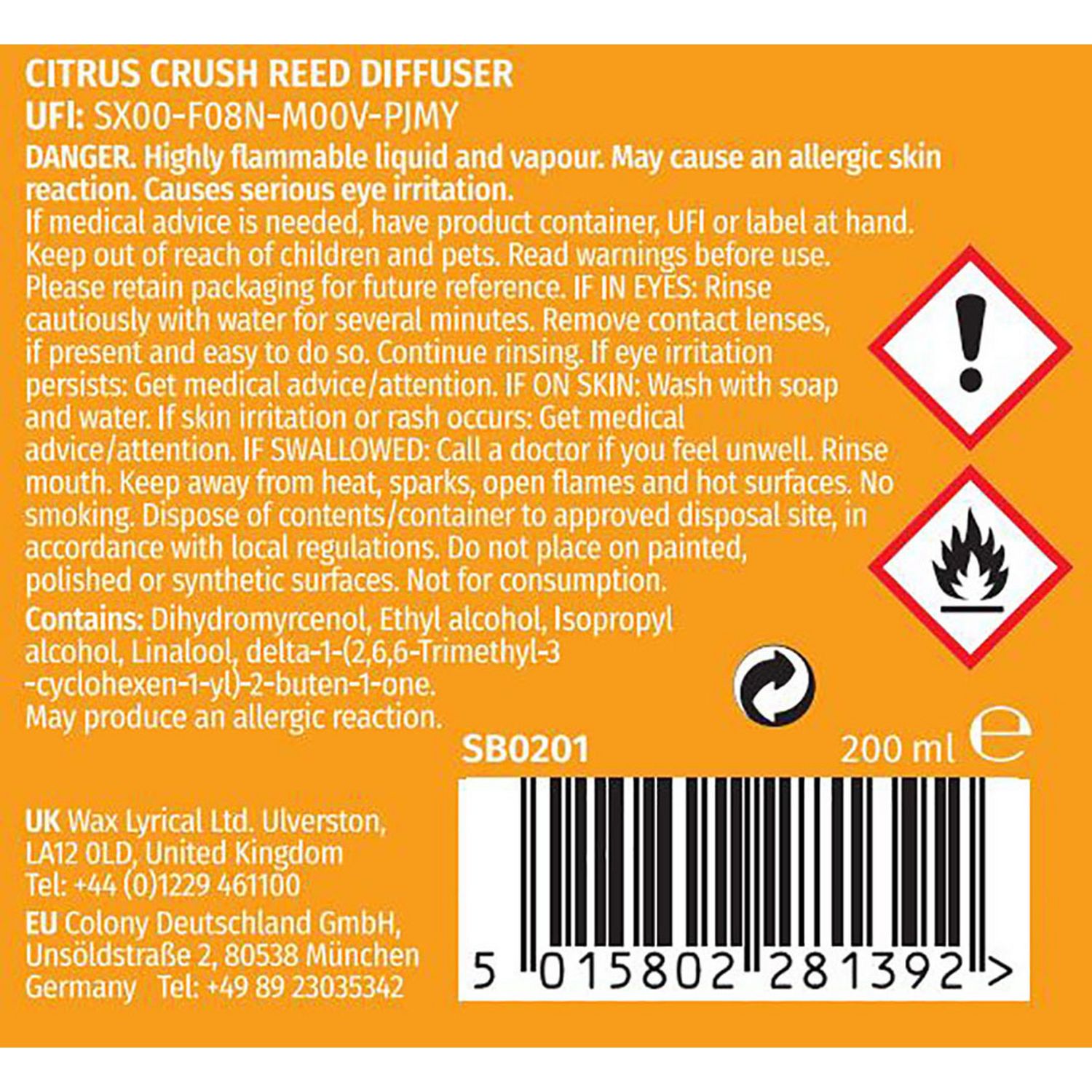 Wax Lyrical reed diffuser Citrus Crush 200ml (British brand)