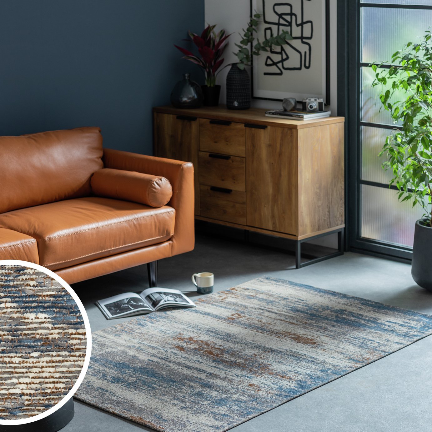 Habitat Distressed Abstract Blue Flatweave Rug 120x170cm, UK version