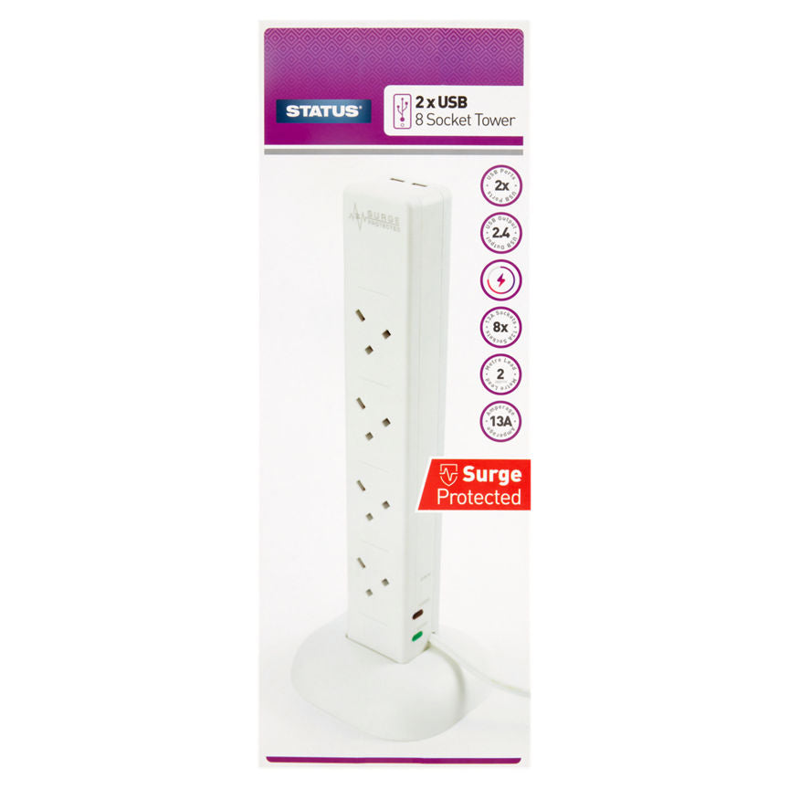 Status 8 Socket 2 USB Surge Tower 2M