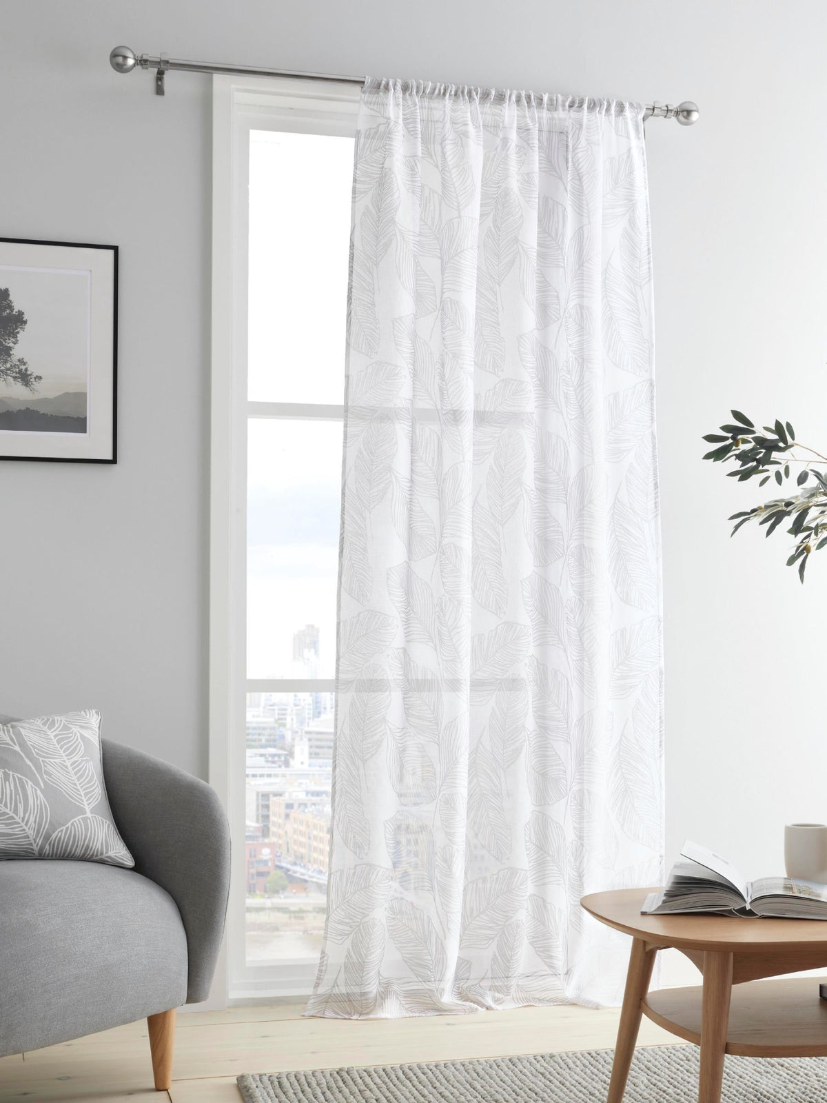 Fusion voile panel grey leaf print 140x122cm, imported from the UK