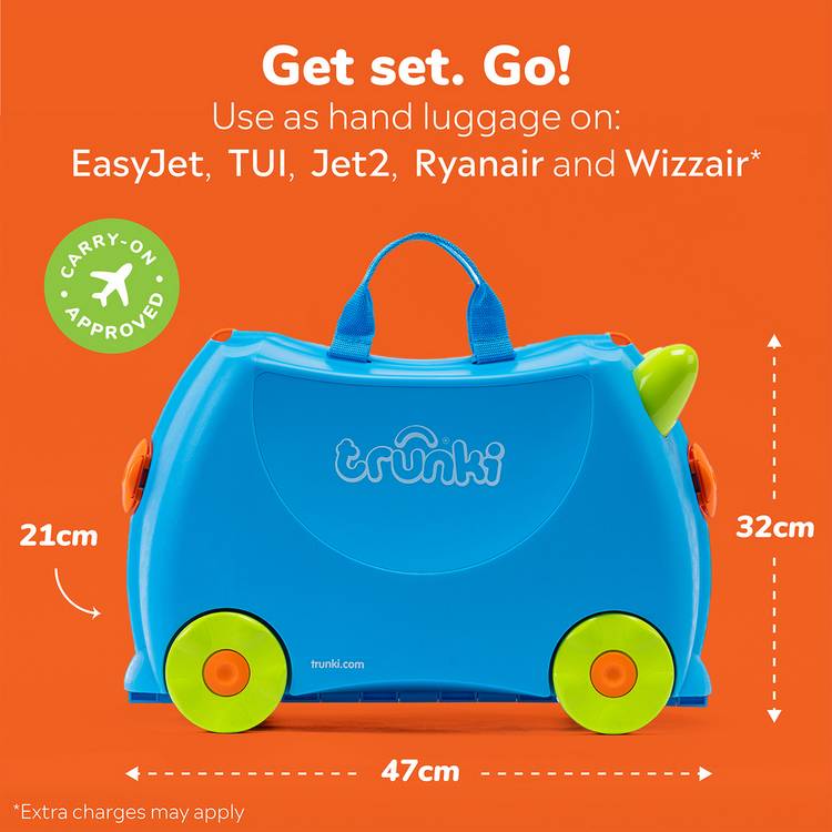 Trunki Terrance blue ride-on suitcase 18 litre, UK version