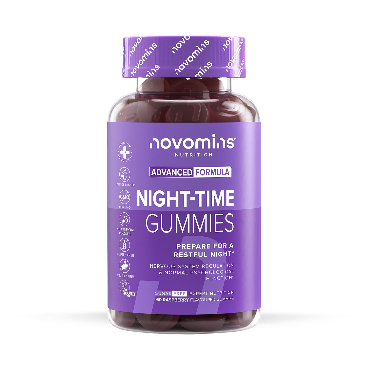 Novomins Night Time Raspberry Gummies 60, imported from the UK