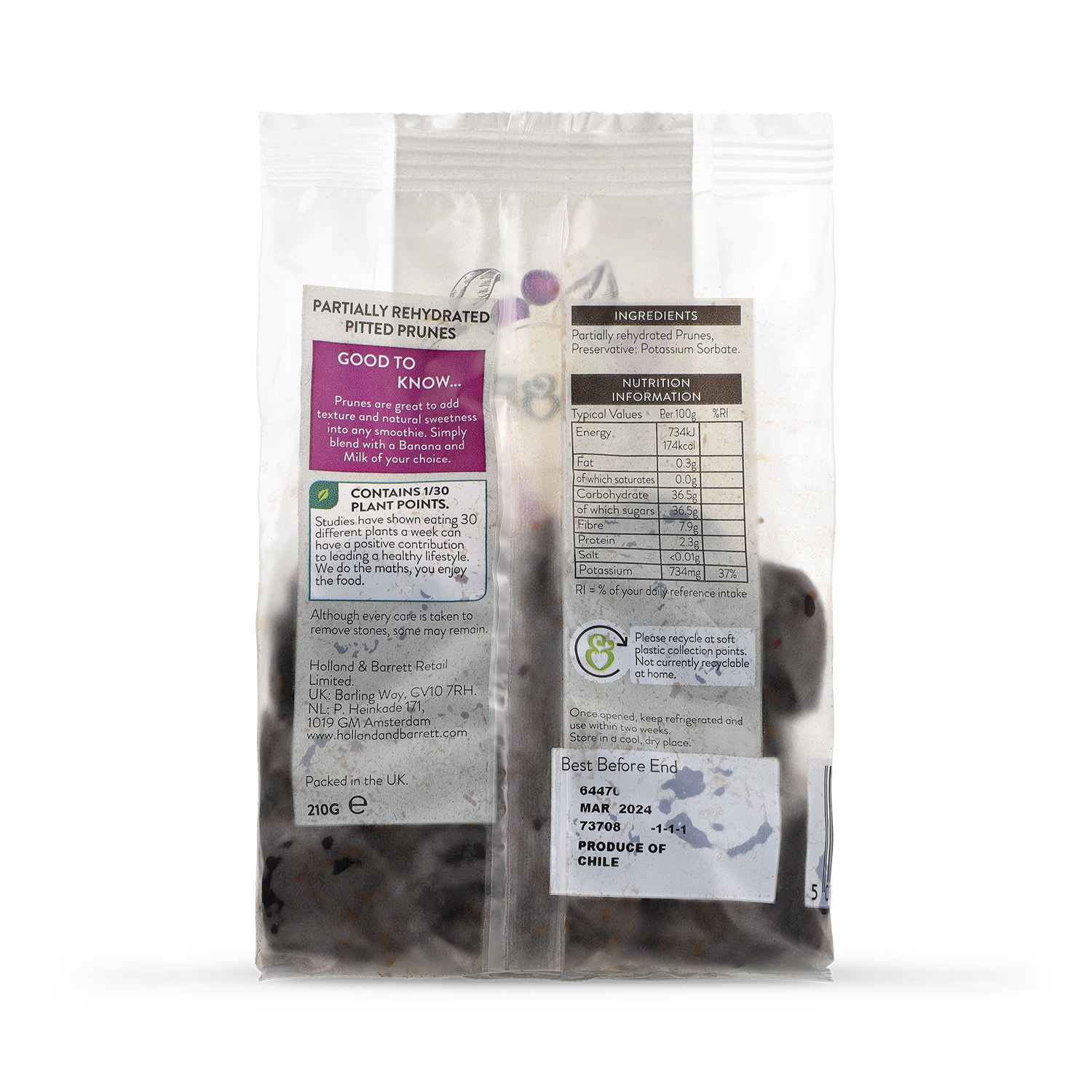 Holland & Barrett Soft Prunes 210g pack (British brand)