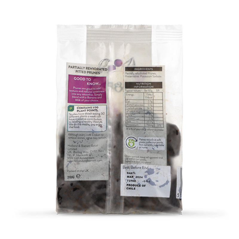 Holland & Barrett Soft Prunes 210g pack (British brand)