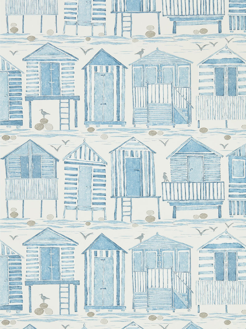 Sanderson Home Blue Beach Huts wallpaper 10.05m roll, imported from the UK