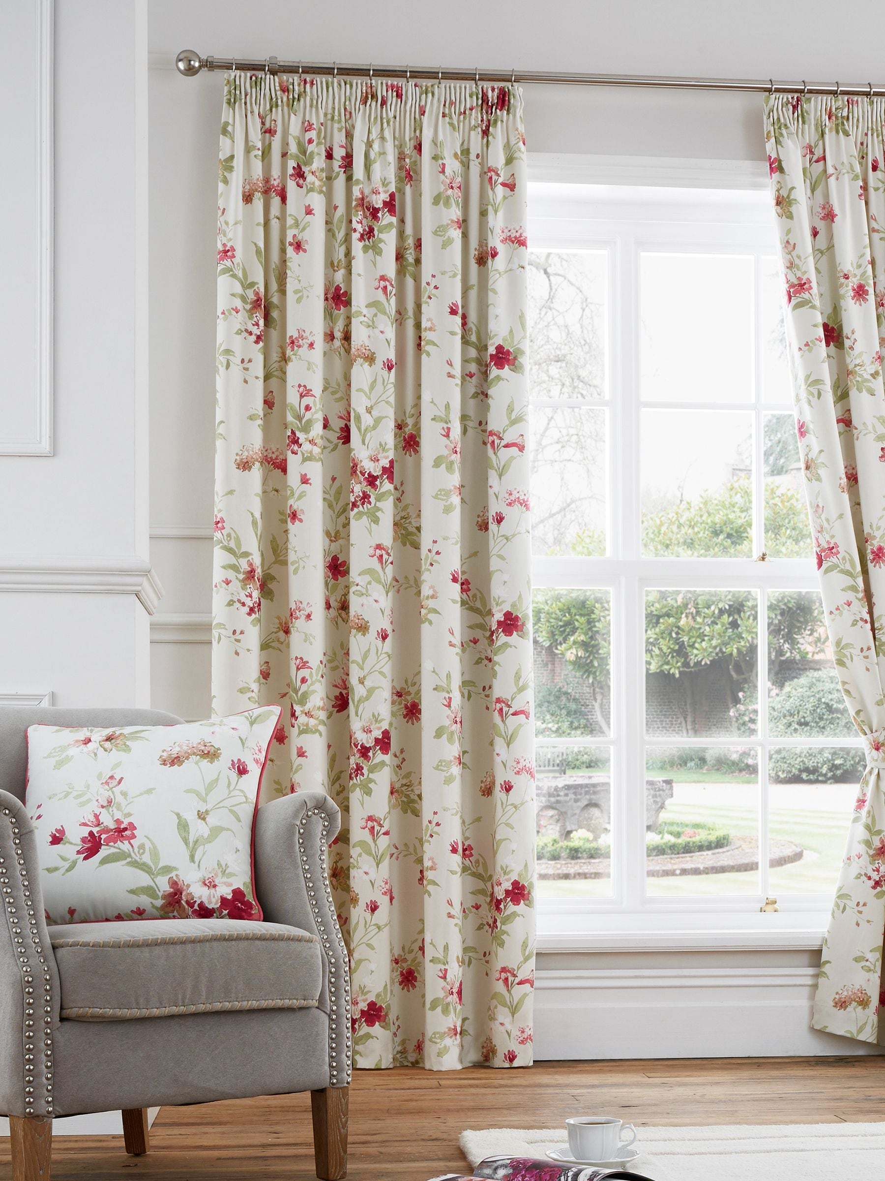 Fusion red Jeannie floral lined pencil pleat curtains, 229cm - British product