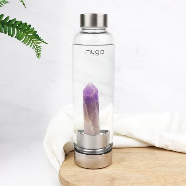 Myga amethyst crystal glass water bottle, imported from the UK