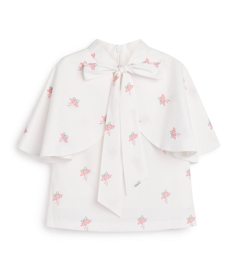 Mama Luma satin tie-neck blouse with mushroom-capped ballet dancers print for girls 3-12 years, imported from the UK