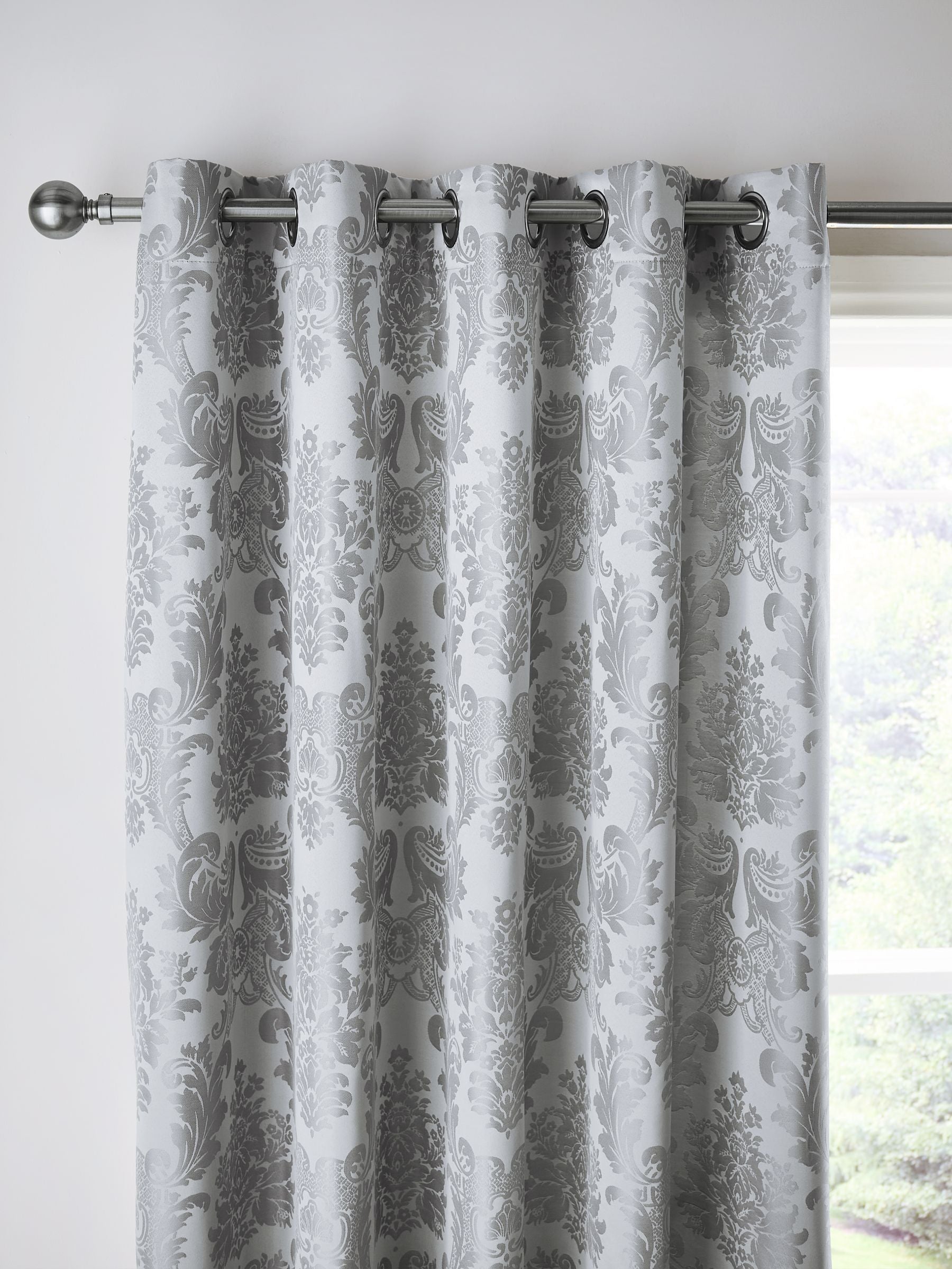 Catherine Lansfield Silver Damask Jacquard Lined Eyelet Curtains