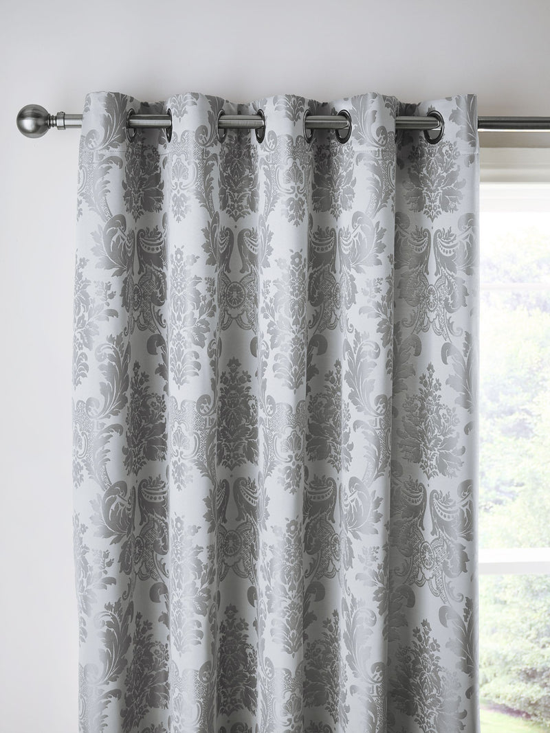 Catherine Lansfield Silver Damask Jacquard Lined Eyelet Curtains