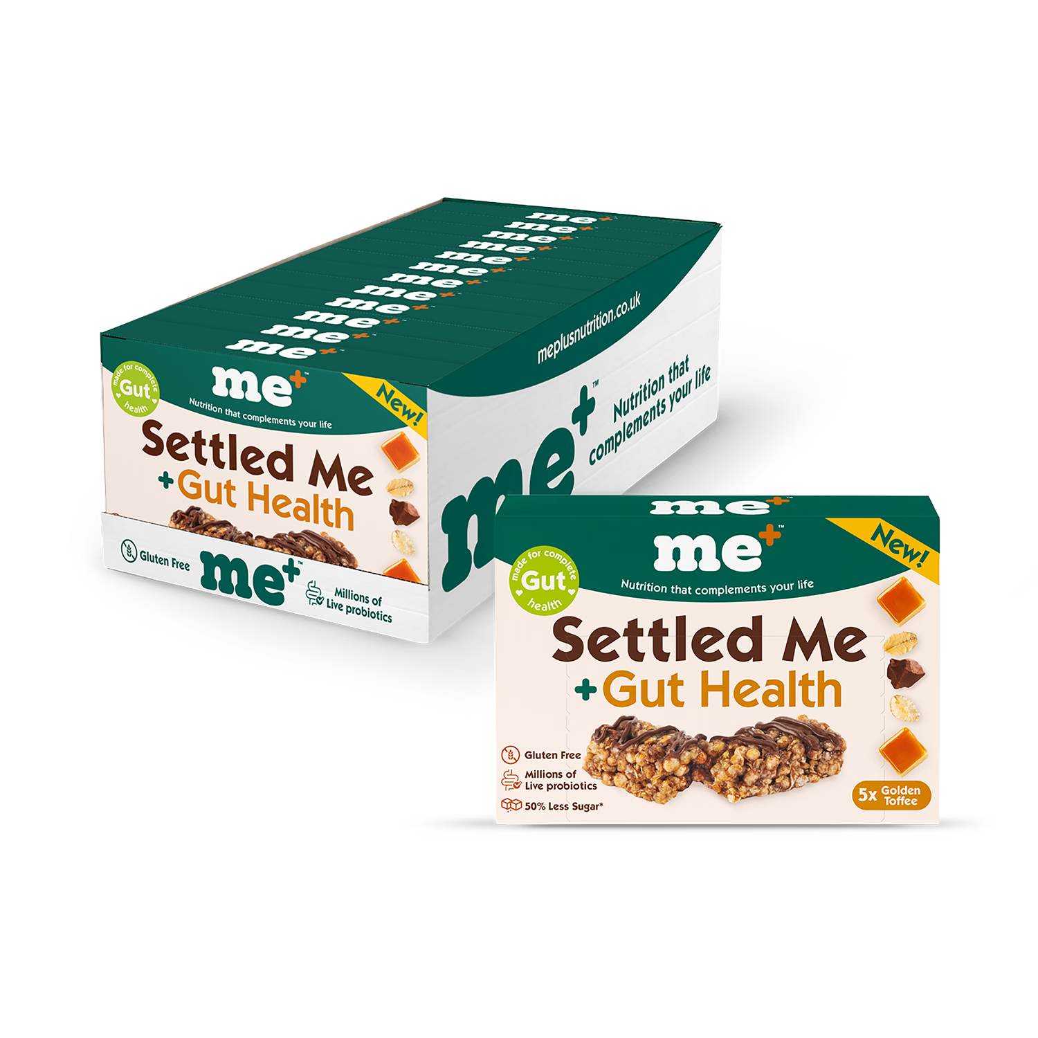 Me+ Nutrition Golden Toffee gut health oat bars multi-pack, UK version