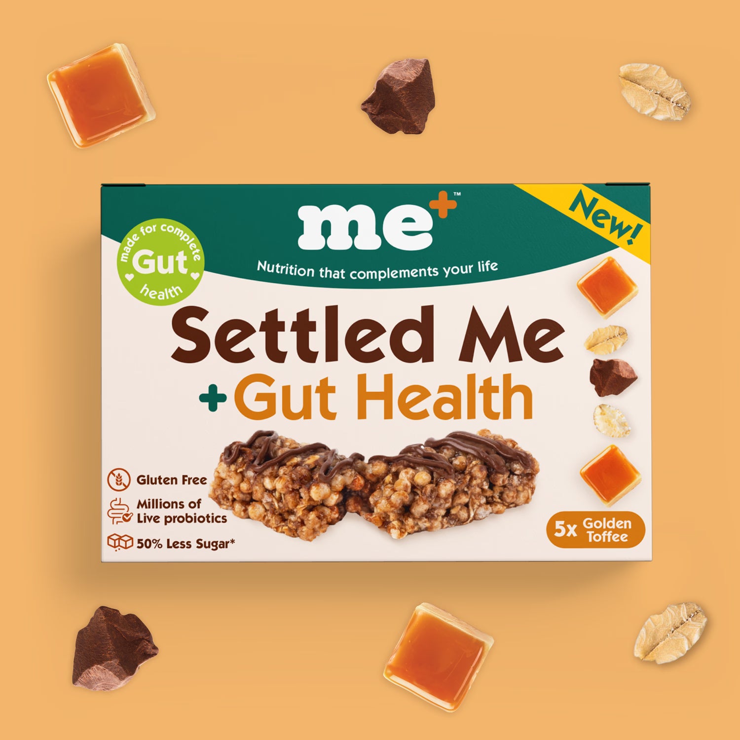 Me+ Nutrition Golden Toffee gut health oat bars multi-pack, UK version