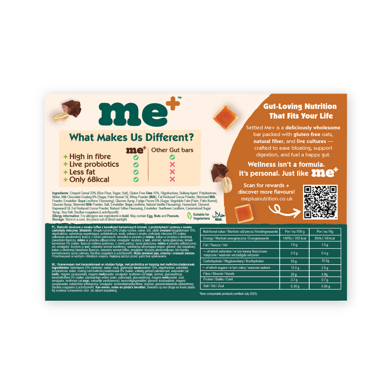 Me+ Nutrition Golden Toffee gut health oat bars multi-pack, UK version
