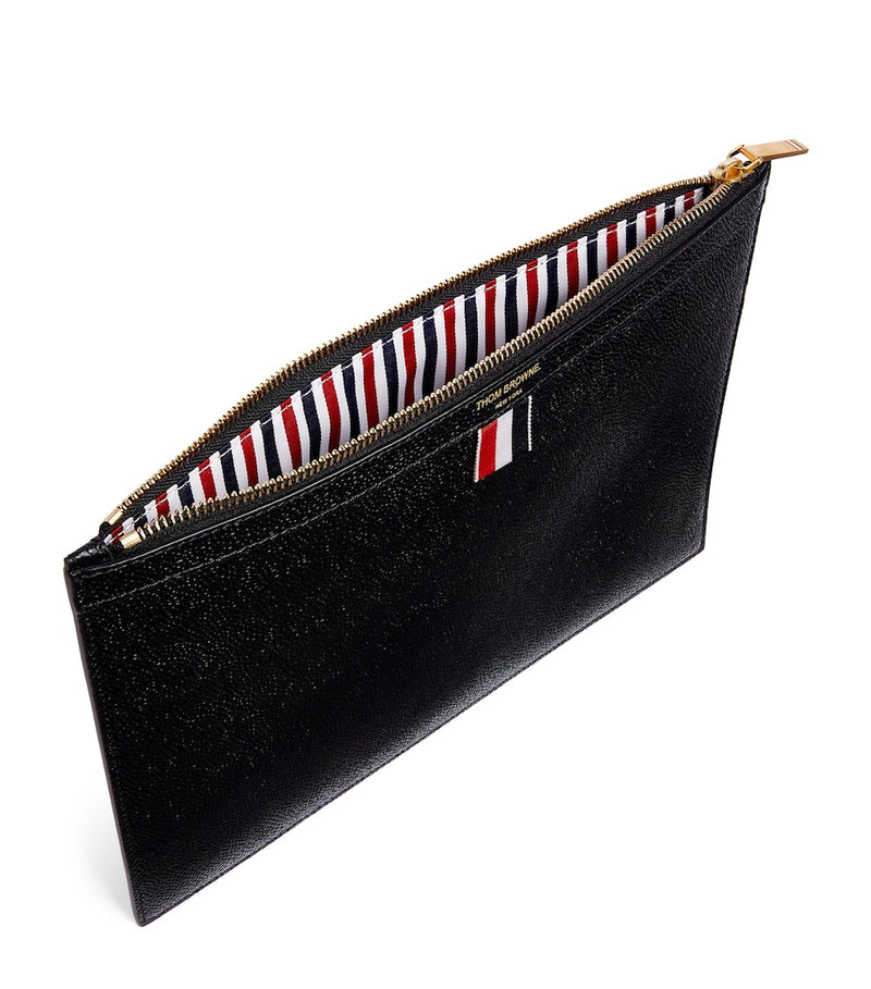 Thom Browne small leather pouch featuring iconic tricolour stripe, UK version