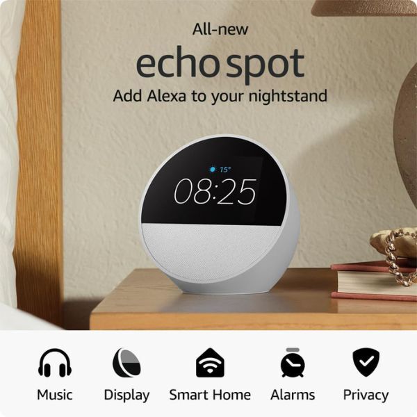 Amazon Echo Spot 2024 white smart alarm clock - British product