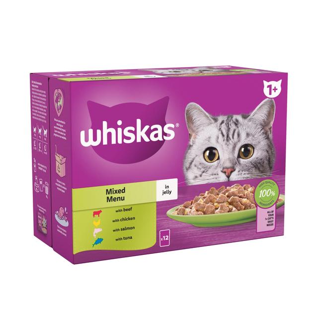 Whiskas 1+ Adult Wet Cat Pouches Mixed Menu in Jelly   12 x 85g