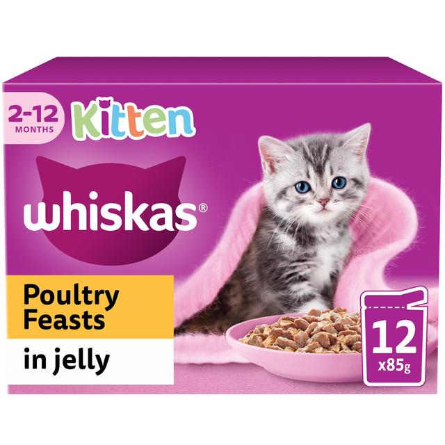 Whiskas 2-12mnths Kitten Wet Cat Pouches Poultry Feasts in Jelly   12 x 85g GOODS M&S   