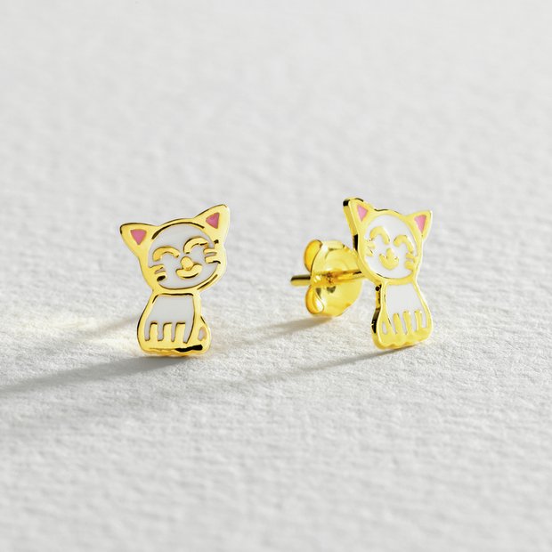 Revere gold plated cat stud earrings with enamel detail (British brand)