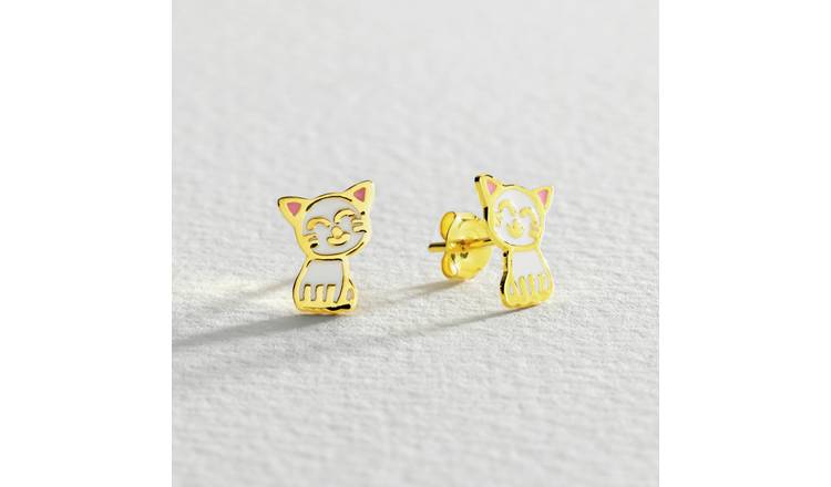 Revere gold plated cat stud earrings with enamel detail (British brand)