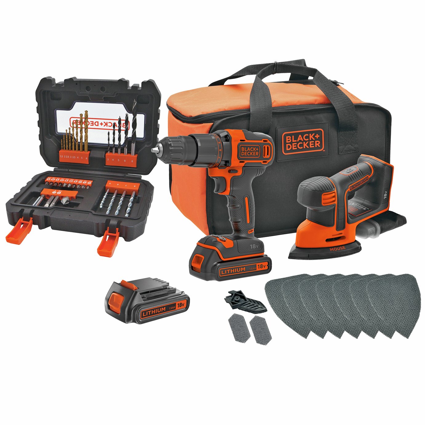 Black+Decker cordless hammer drill and mouse sander twin pack - British product