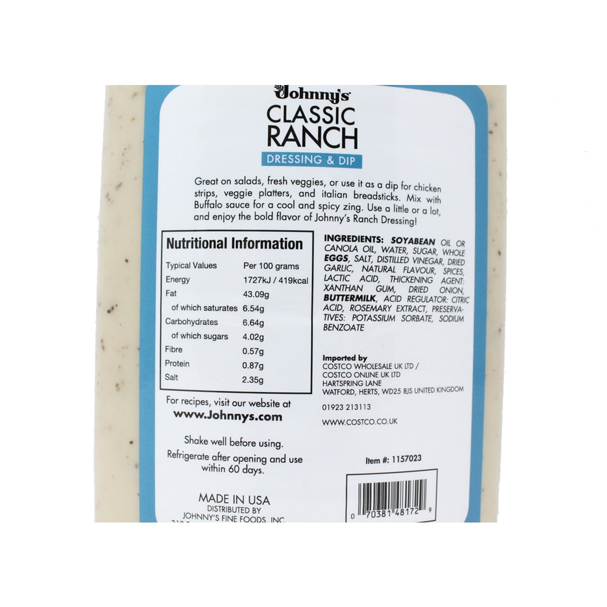 Johnny's Classic Ranch Dressing & Dip 1.53 لتر، النسخة البريطانية