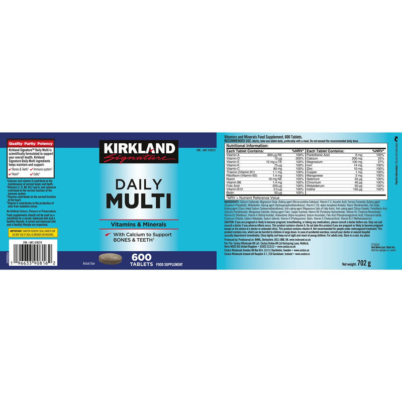 Kirkland Signature Daily Multi Vitamins 600 Count, UK version