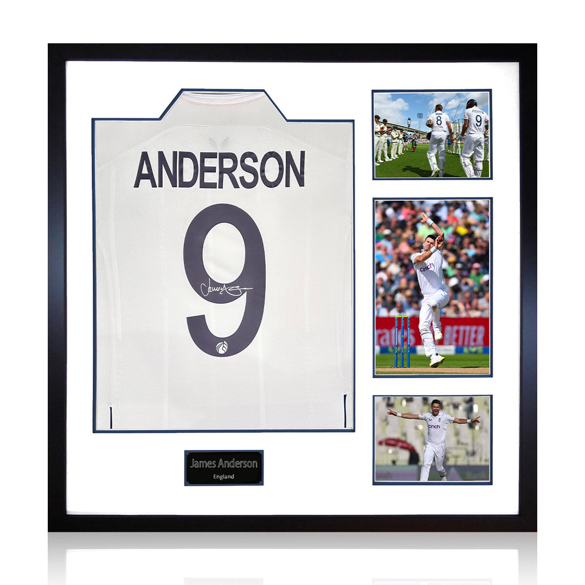 The Fan Cave James Anderson signed framed England cricket shirt with 3 photos, 82x82 cm, UK version