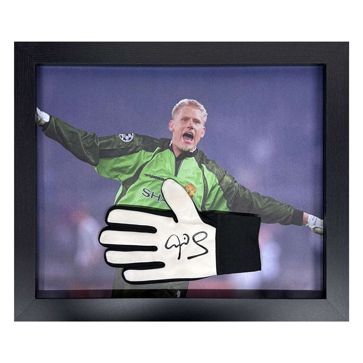 Allstarsignings unterschriebener gerahmter Handschuh Peter Schmeichel 54x44 cm, importiert aus dem Vereinigten Königreich