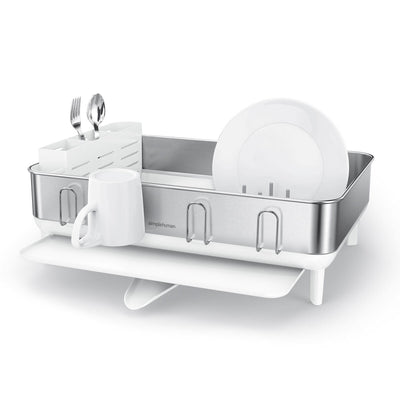 simplehuman oppvaskstativ i rustfritt stål med dryppbrett og redskapsholder 2,5 kg