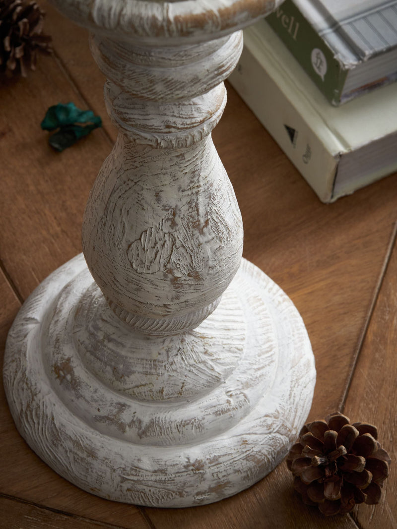 White wash pillar candle holder with included candle (British brand)