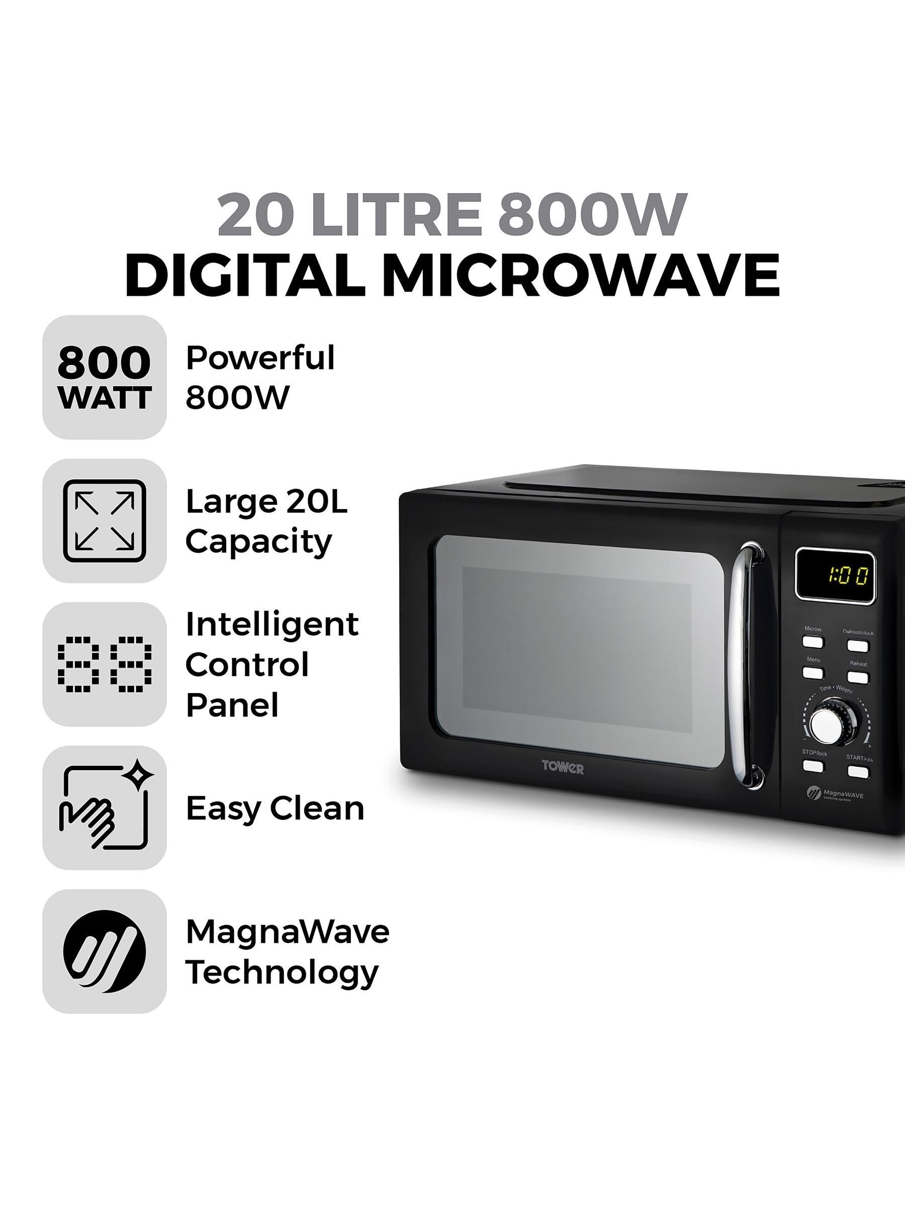 Tower Black 20L 800W Digital Microwave