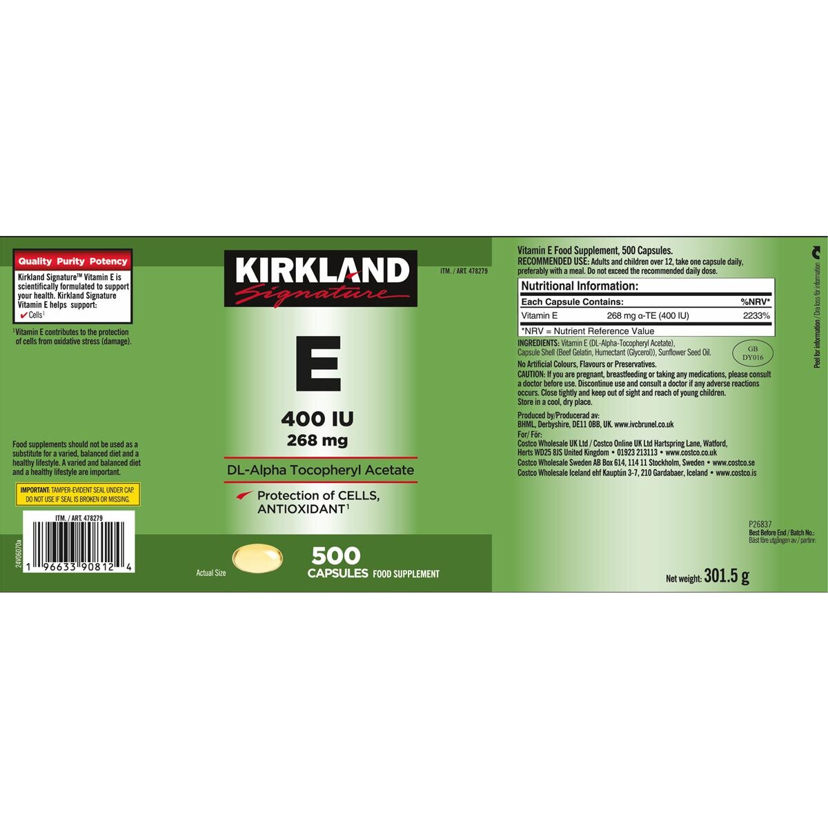 Kirkland Signature Vitamin E 400IU supplement 500 count, UK version