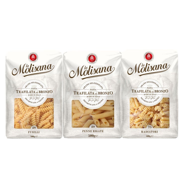 La Molisana pasta variety pack with fusilli, penne, radiatori 6 x 500g, UK version