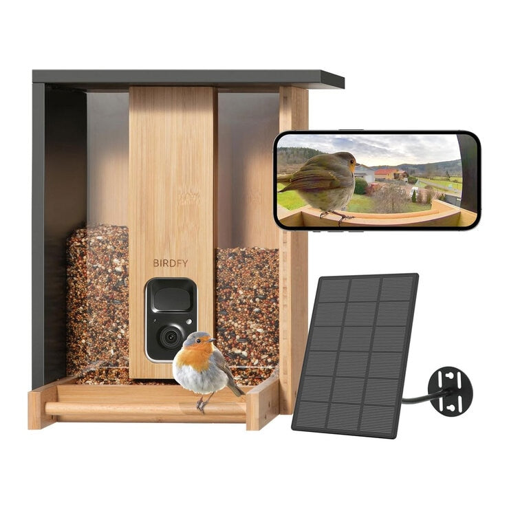 Birdfy Bamboo bird feeder with camera and solar panel, imported from the UK