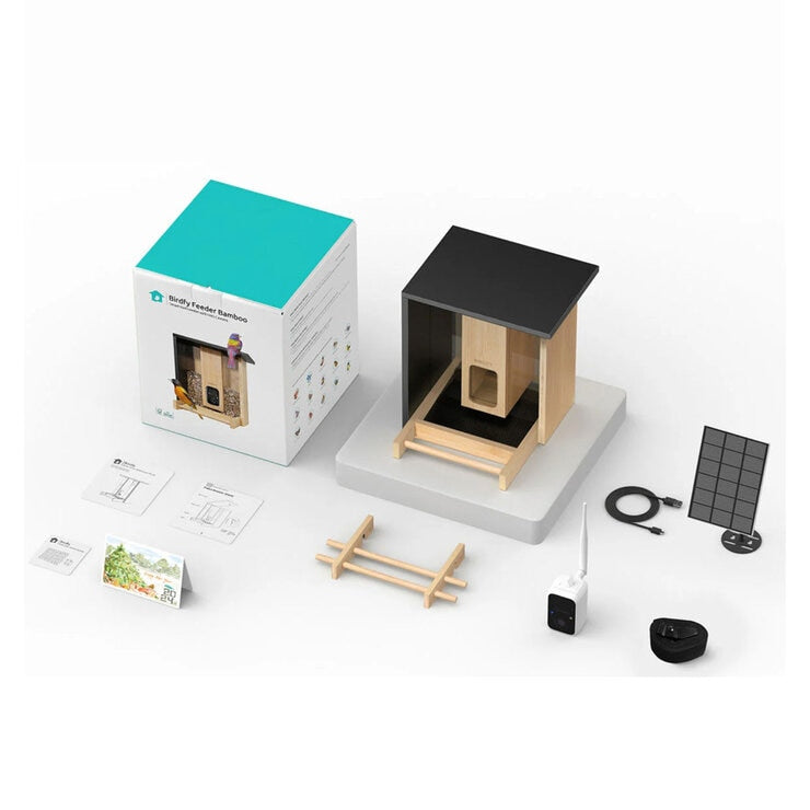 Birdfy Bamboo bird feeder with camera and solar panel, imported from the UK