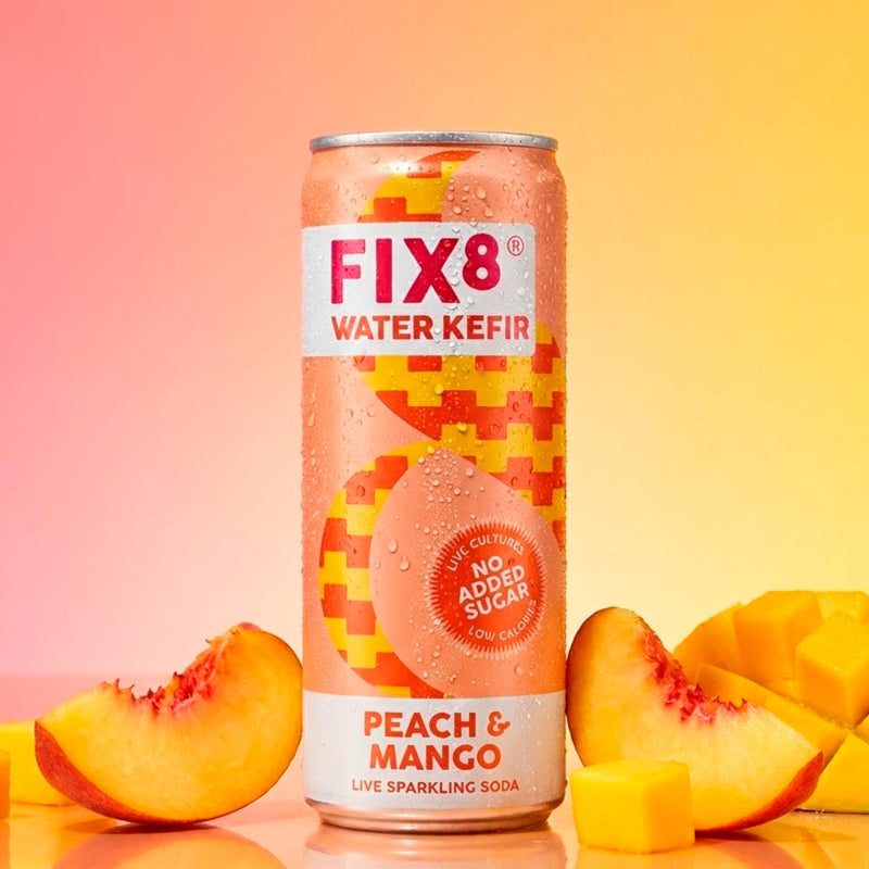 Fix8 water kefir peach mango sparkling soda 4x250ml, UK version