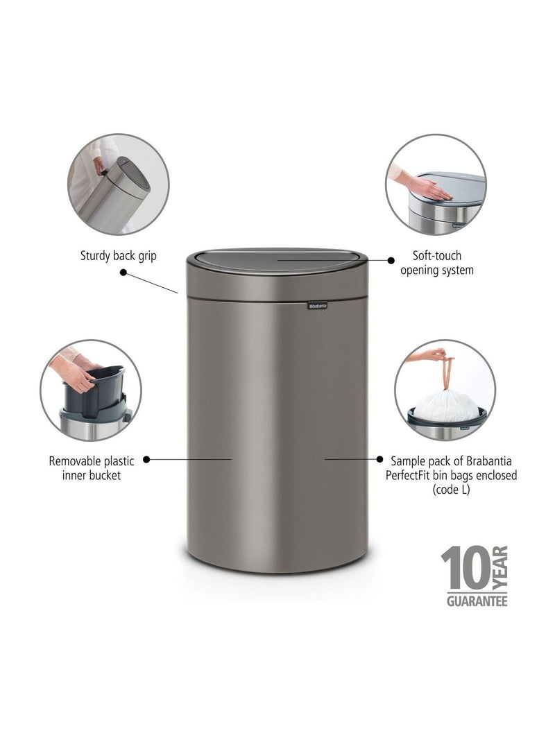 Brabantia Platinum Touch Kitchen Bin 40L - British product