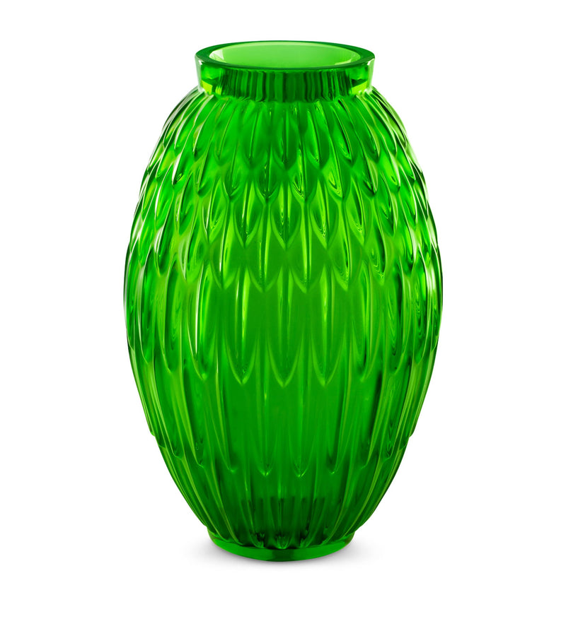 Lalique crystal vase with feather pattern 26.5cm, UK version