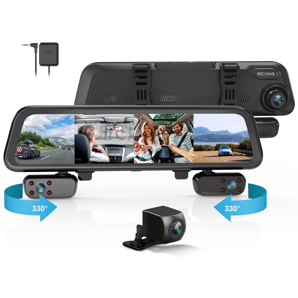 Rexing M4 4-channel mirror dash cam with 12-inch touch screen, imported from the UK