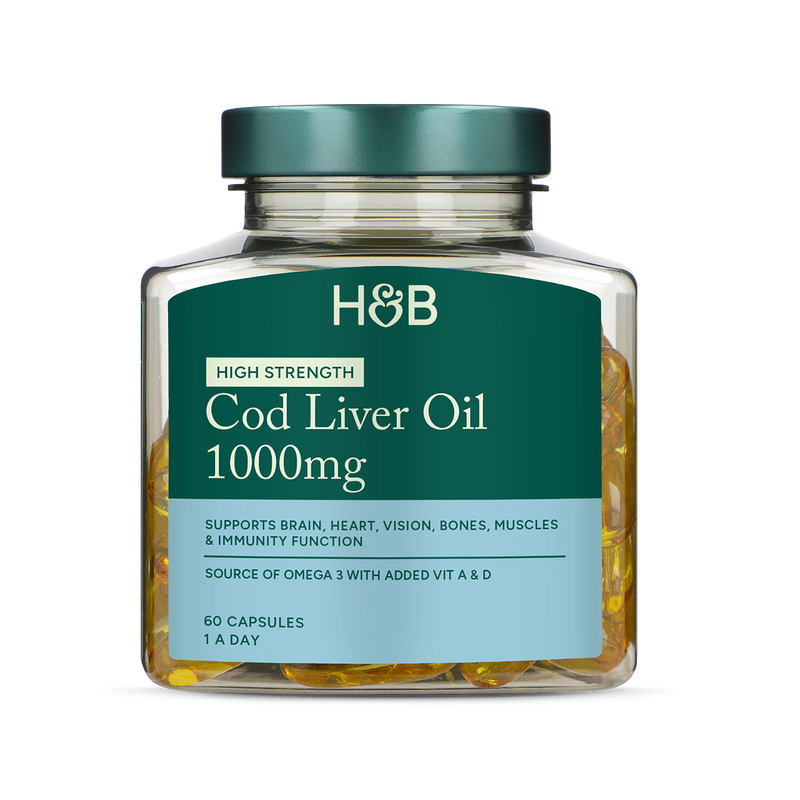 Holland & Barrett cod liver oil capsules 60 count, UK version