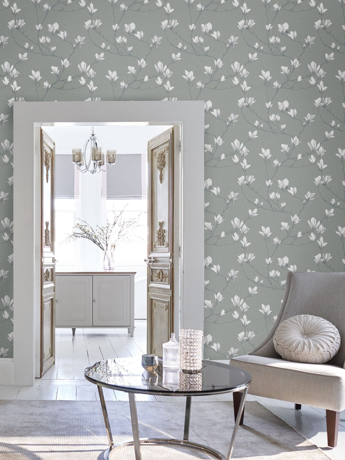 Laura Ashley Slate Magnolia Grove wallpaper sample A4, UK version
