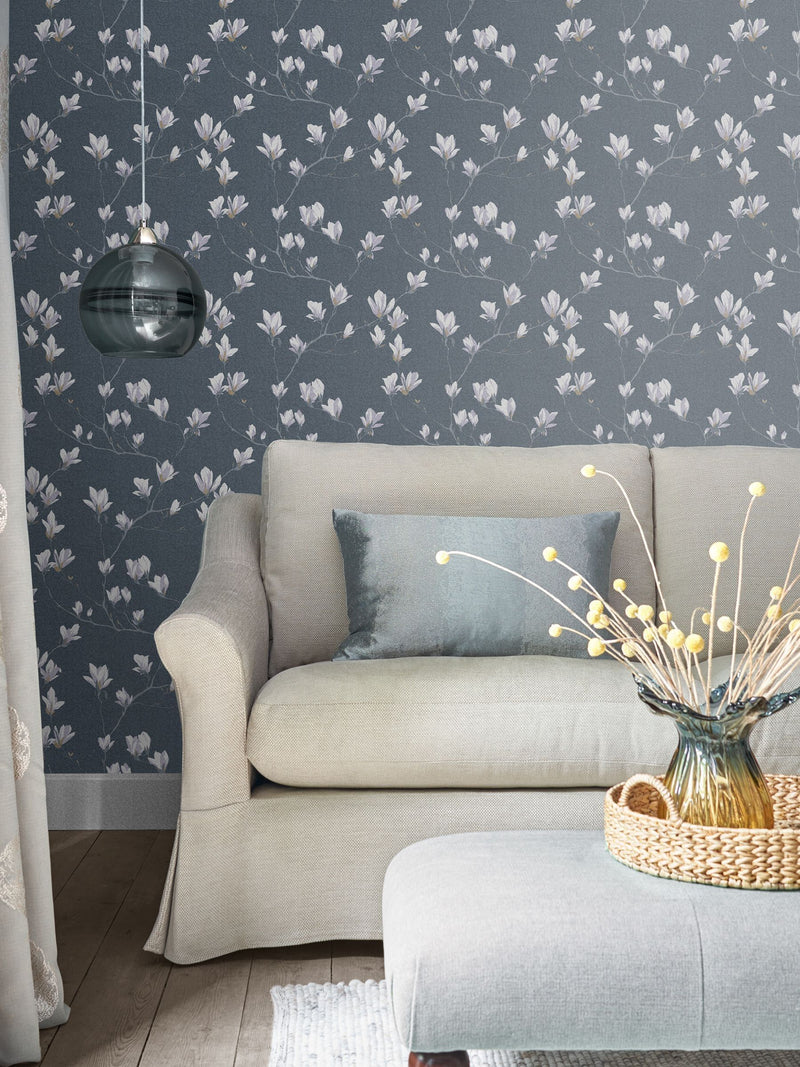 Laura Ashley Slate Magnolia Grove A4 Wallpaper Sample