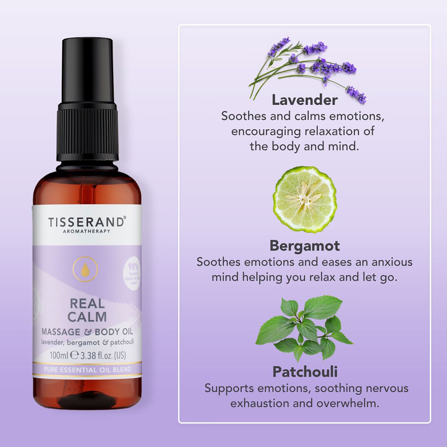 Tisserand Real Calm Massage Body Oil 100ml, imported from the UK