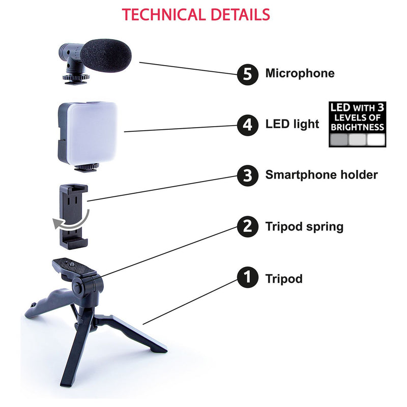 Kids vlogging kit with LED light and microphone, British brand